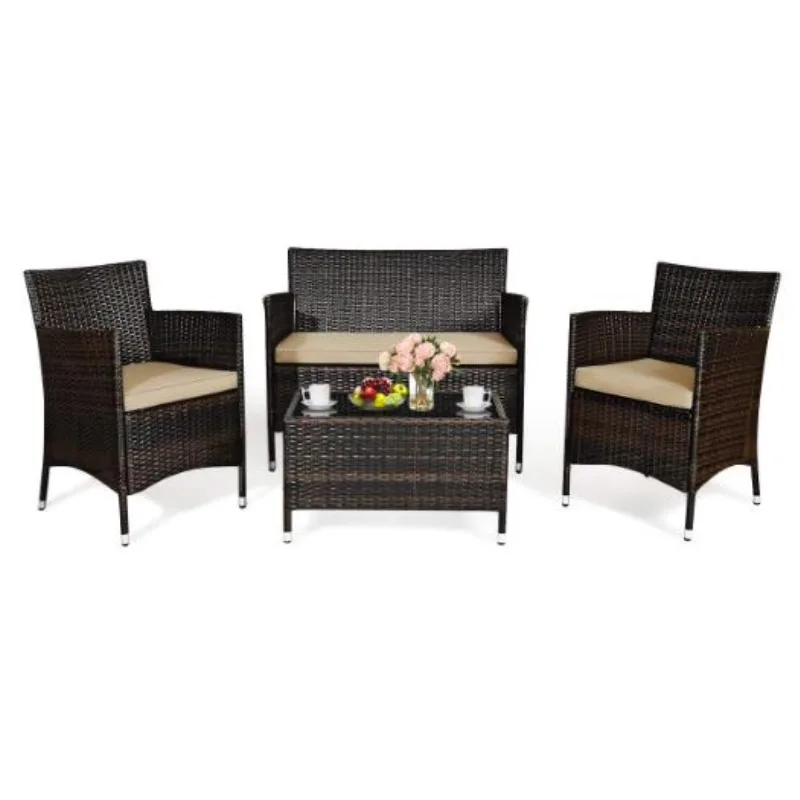 

Giantex - 3/4 Pieces Patio Rattan Furniture Set, Outdoor Rattan Sofa Set with Seat Cushions & Coffee Table, Patio Wicker