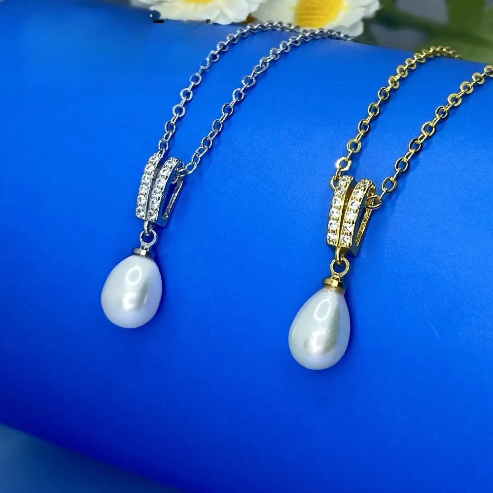 HENGSHENG 6-7mm Rice Shape Freshwater Pearl Pendant Necklaces for Women Girls Shine Crystal Zircon Chain Necklaces Jewelry