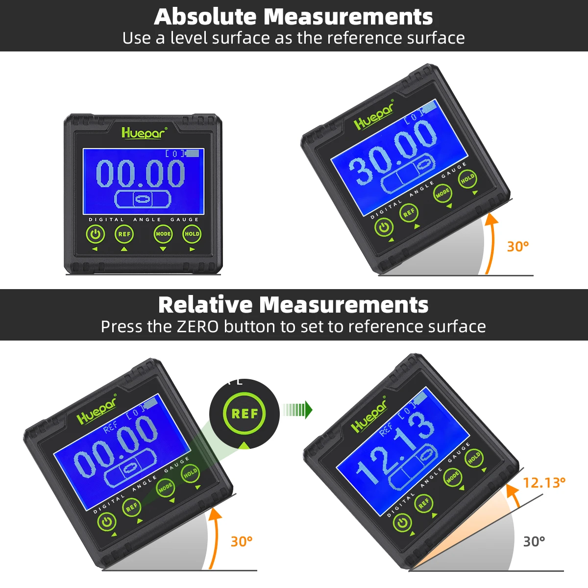 Huepar Digital Angle Gauge,Electronic LCD Inclinometer Bevel 360° Measuring Protractor With Magnetic Base And Audible Alert AG03