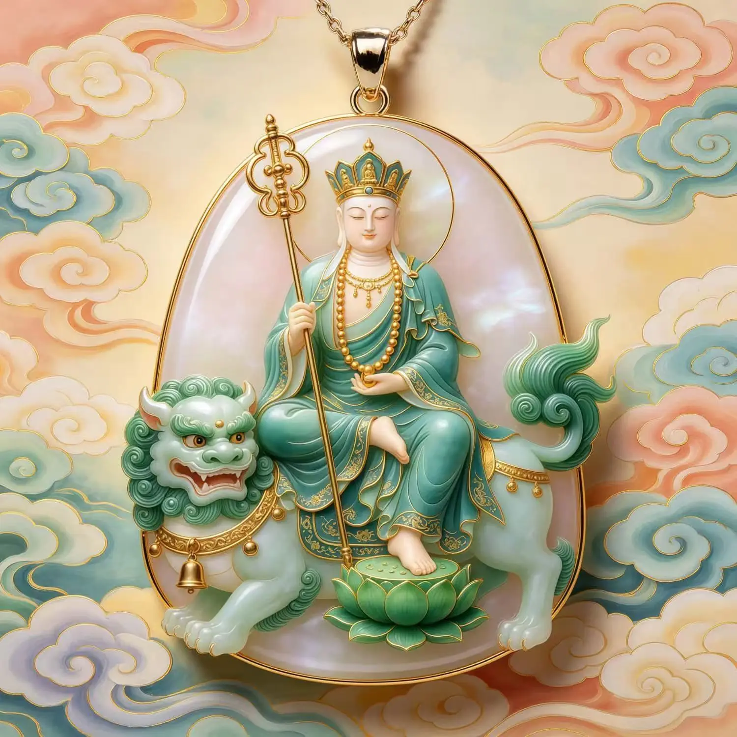 

3D Relief Ksitigarbha Bodhisattva Pendant Necklace Lion Lotus Charm Traditional Chinese Culture Meaningful Jewelry Gift For Men
