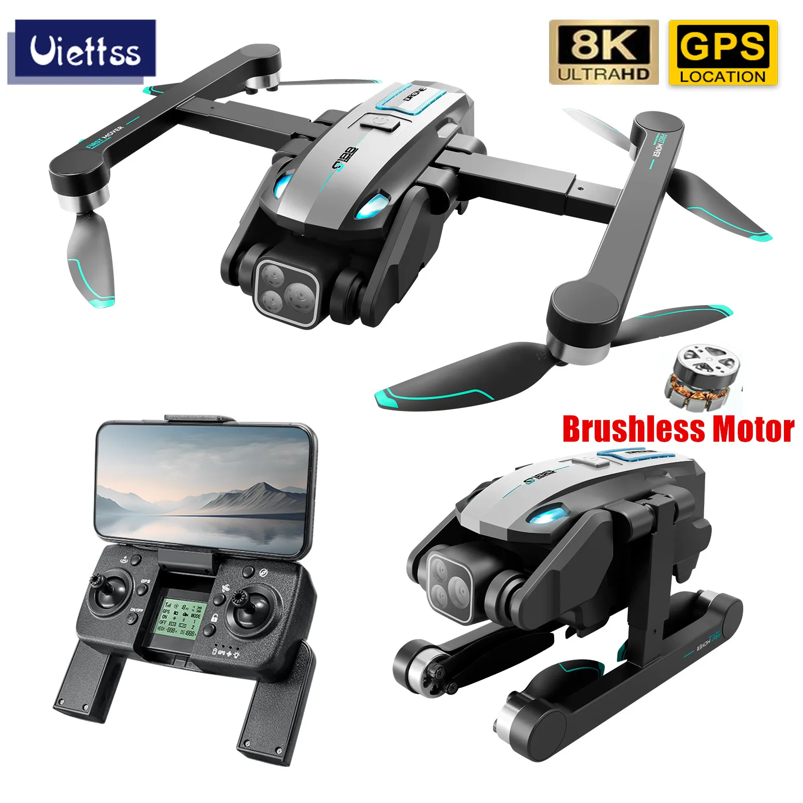 New S188 Drone GPS 8K HD Triple Camera Optical Flow Positioning Obstacle Avoidance Brushless Motor Foldable Quadcopter Drone