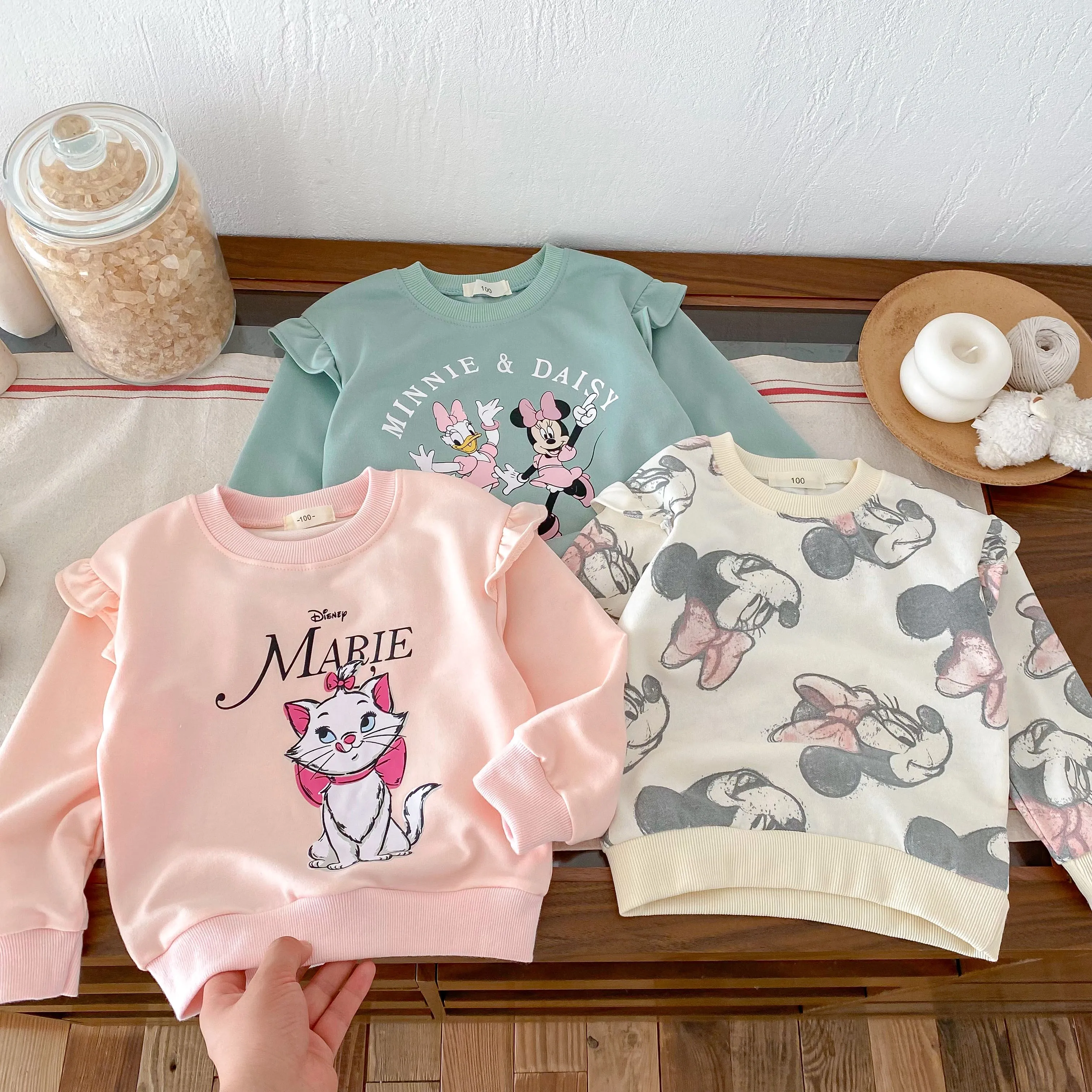 Minnie Mouse Print Autumn Long Sleeve Tops Girls Sweatshirt Loose Fashion Casual Hoodie Crewneck Pullover Sweater Thin Clothes