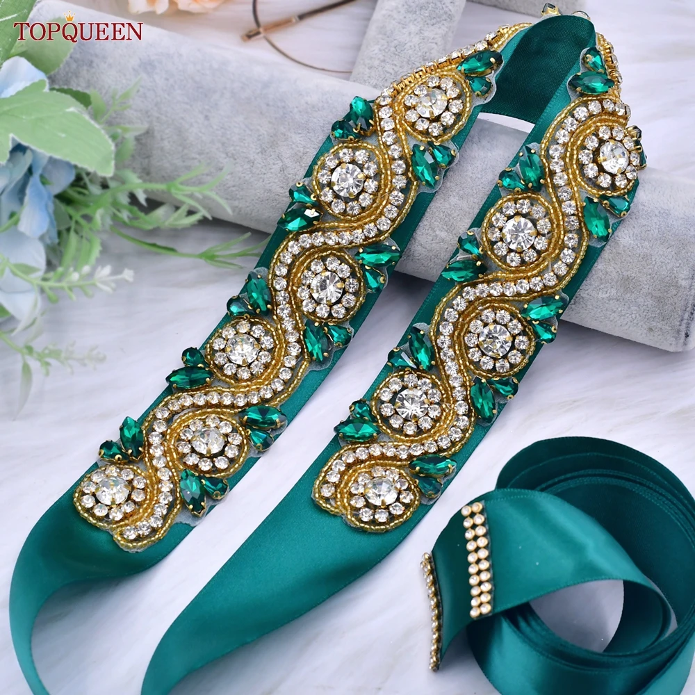 TOPQUEEN S164 Luxury Bridal Belt Moroccan Caftan for Women Green Rhinestones Diamond Wedding Party Dress Gown Female Bride Sash