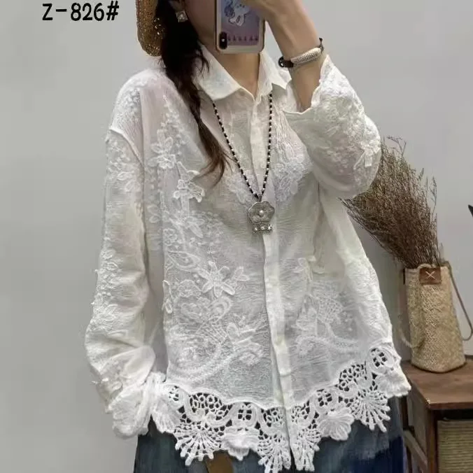 New Summer Cotton Long Sleeve Shirts Woman Lapel Embroidery LaceTop Mori Girl Casual Loose Fashion Blouses 2024 Autumn T474107QM