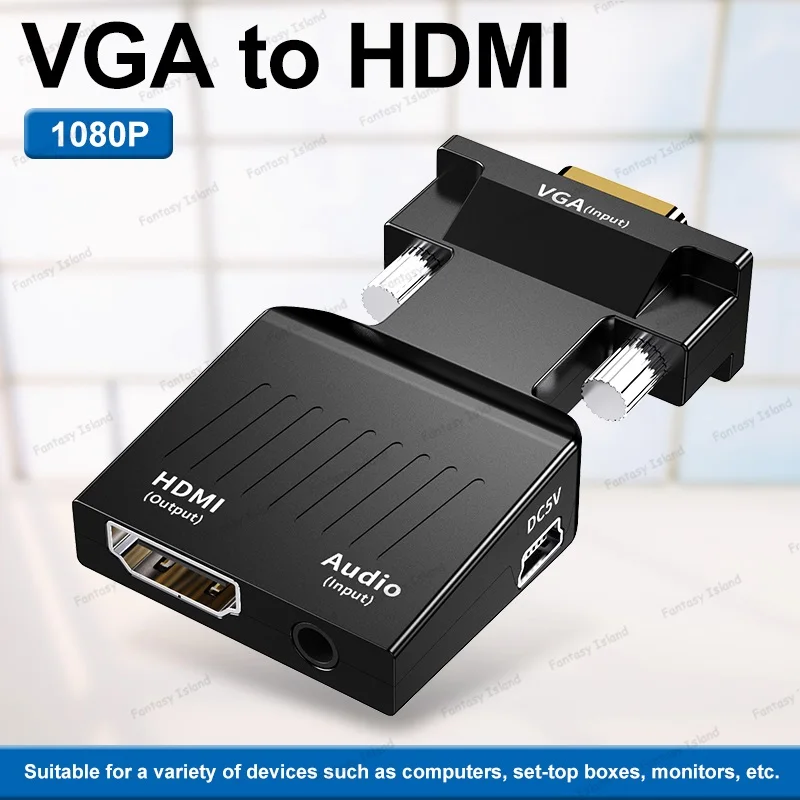 Convertisseur VGA vers HDMI HW-2217 avec audio, convertisseur HD hôte d'ordinateur