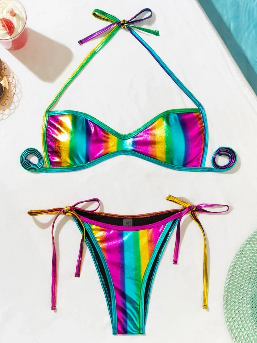 

2025 Halter Shiny Rainbow PU Faux Leather Bikini Women Bikinis Swimwear Female Swimsuit Two Pieces Bikini Set Bathing Suit Swim