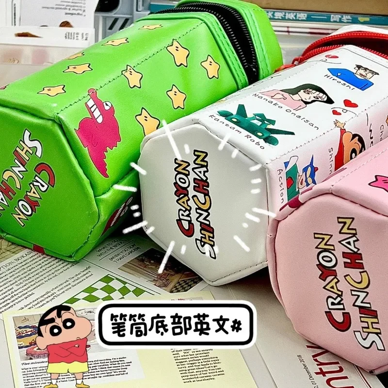 Anime Crayon Shin Chan Pencil Case Cartoon Stationery Box Hexagon Zipper Student Stationery Gift  Large Capacity Storage Bag