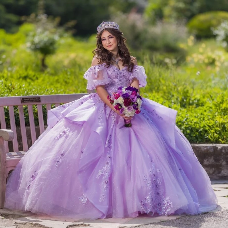 Lavendel Quinceanera Jurken Kant Geappliceerd Kant Kralen Uit de Schouder Feest Verjaardag Baljurk Sweet 16 Vestidos 15 De Anos