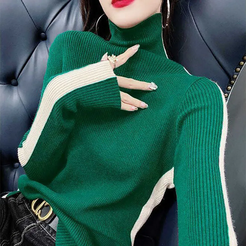 Fashion Turtleneck Knitting Spliced All-match Sweater Women\'s Clothing 2022 Autumn New Casual Pullovers Loose Korean Tops