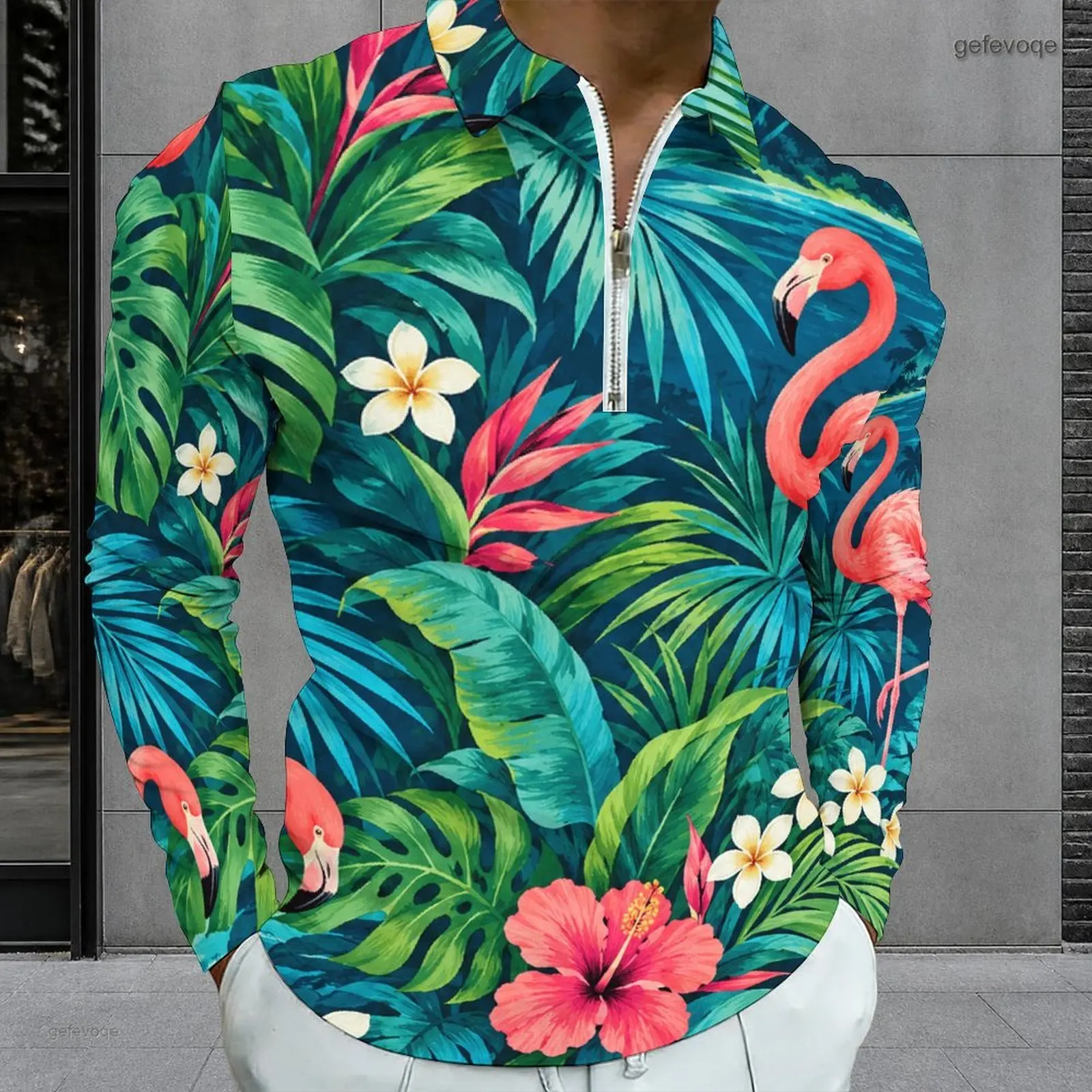 Men's Printed Long Sleeve Quarter Zip Collared Polo Shirt Blue Palm Tree Pattern Off White Top