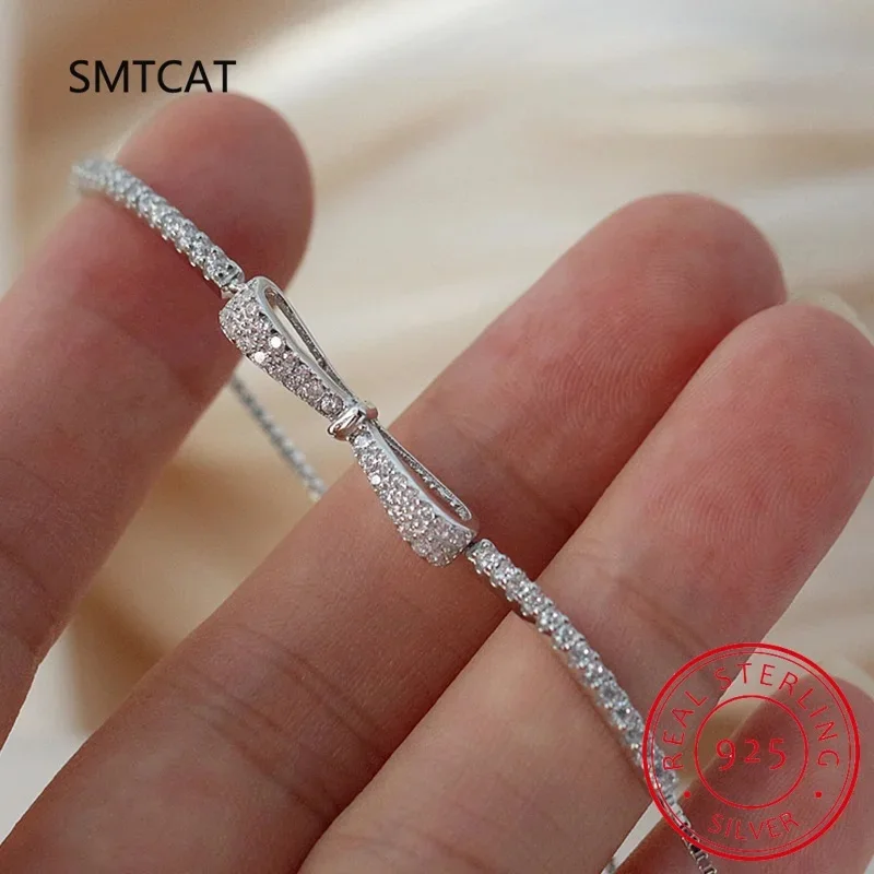 Real 925 Sterling Silver Bowknot Bracelet for Women Shiny Zircon Tennis Hard Bracelet Homme Wedding Party Jewelry Gifts