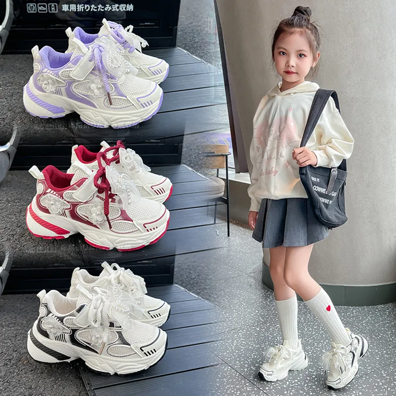 

Новые детские кроссовки для девочек, легкая и удобная обувь принцессы, универсальная повседневная спортивная обувь для бега с кружевом и бантом