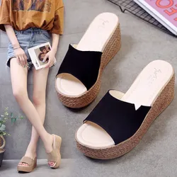 Female Summer 2024 Outside Leather Beach Slippers  Platform Water Wedge Heel Cotton Fabric Heels Rubber Brief Toe Slides