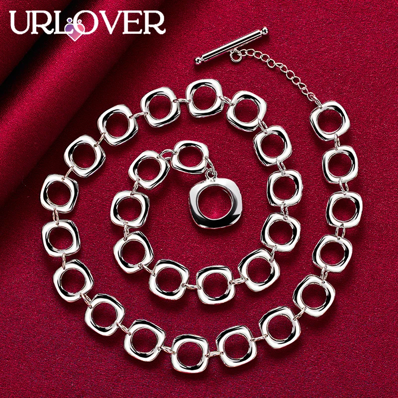 URLOVER 925 Sterling Silver Square Multi-circle Link Chain Necklace For Women Engagement Wedding Fashion Jewelry Birthday Gifts