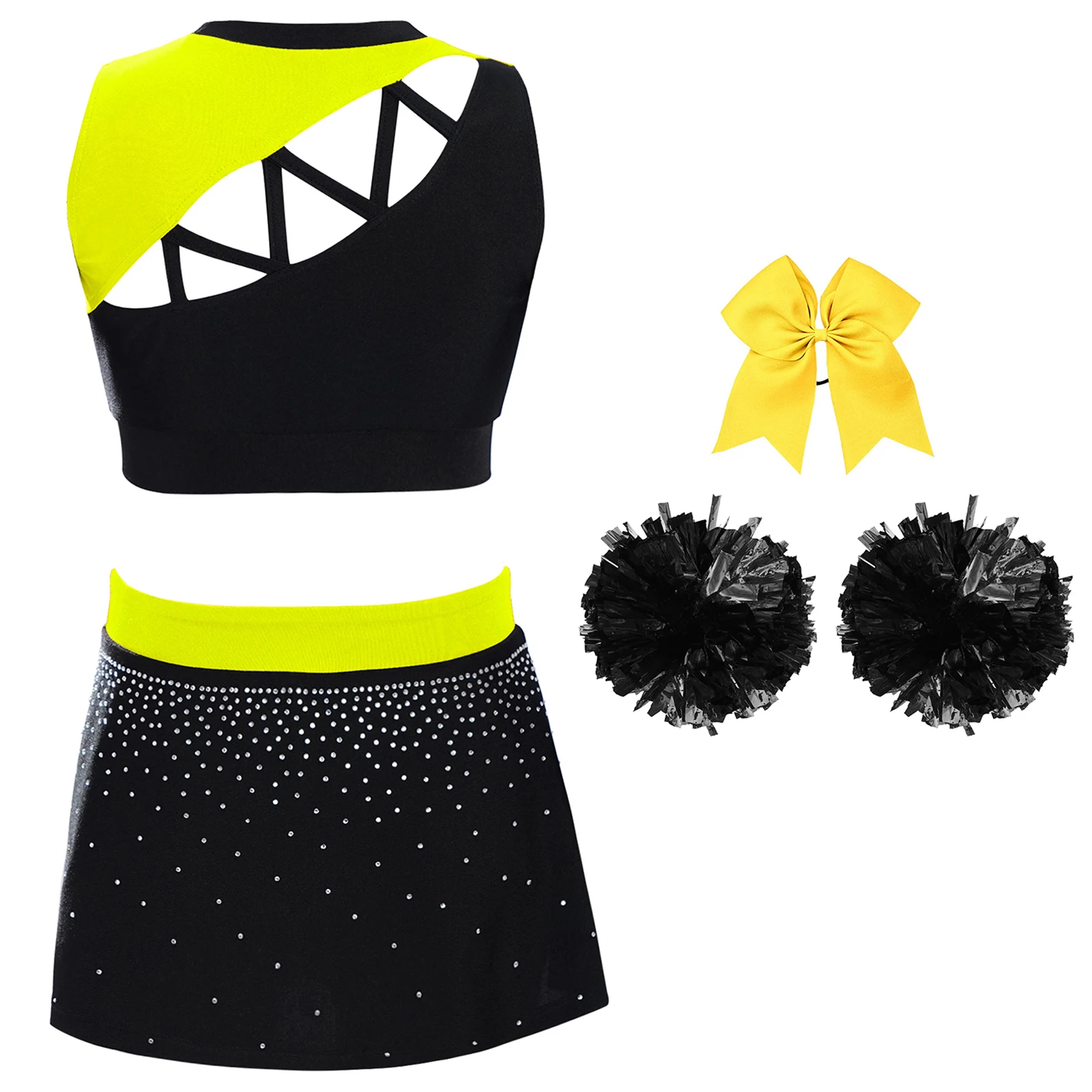 Kinderen Meisjes Cheerleading Outfit Stage Performance Kostuum Mouwloze Uitsparing Strass Crop Top met Rok Hoofddeksels Bloemballen