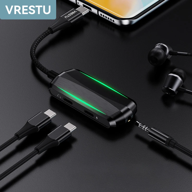 

3 in 1 PD60W Type C to 3.5mm USB-C Jack 3 5 Female Earphone Adapter Headphone Audio Charge Convertor Digital DAC Chip RGB Color