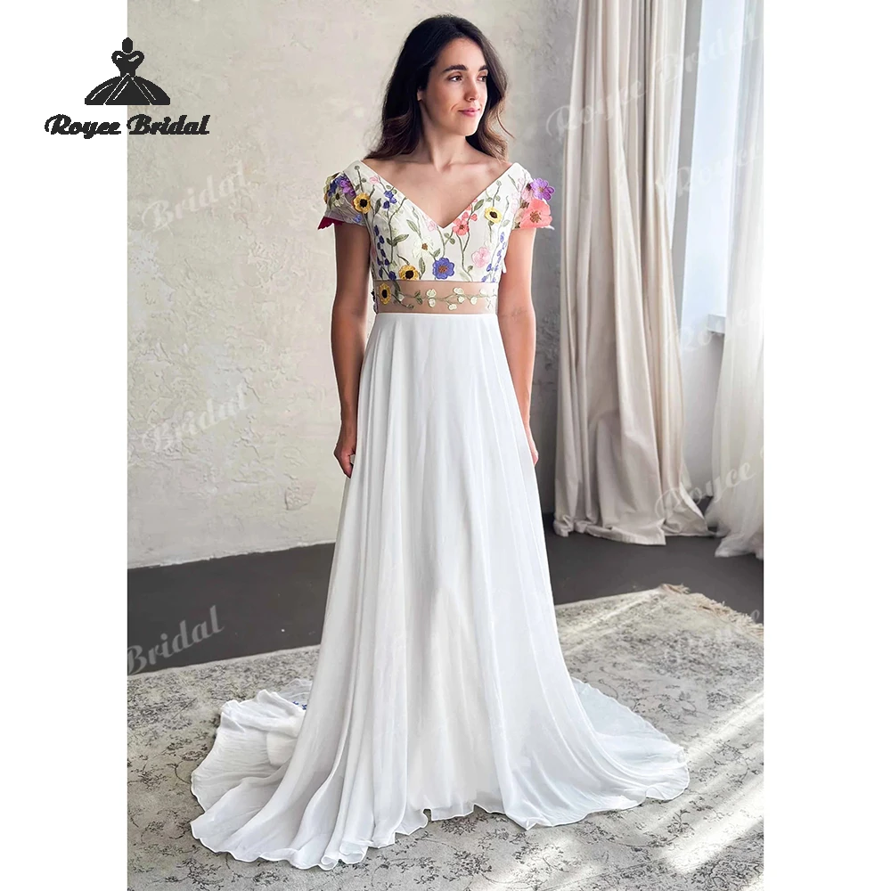

Boho Colorful Floral Embroidery A Line Wedding Dresses 2026 Cap Sleeves Beach Bridal Gown Customized vestido de novia