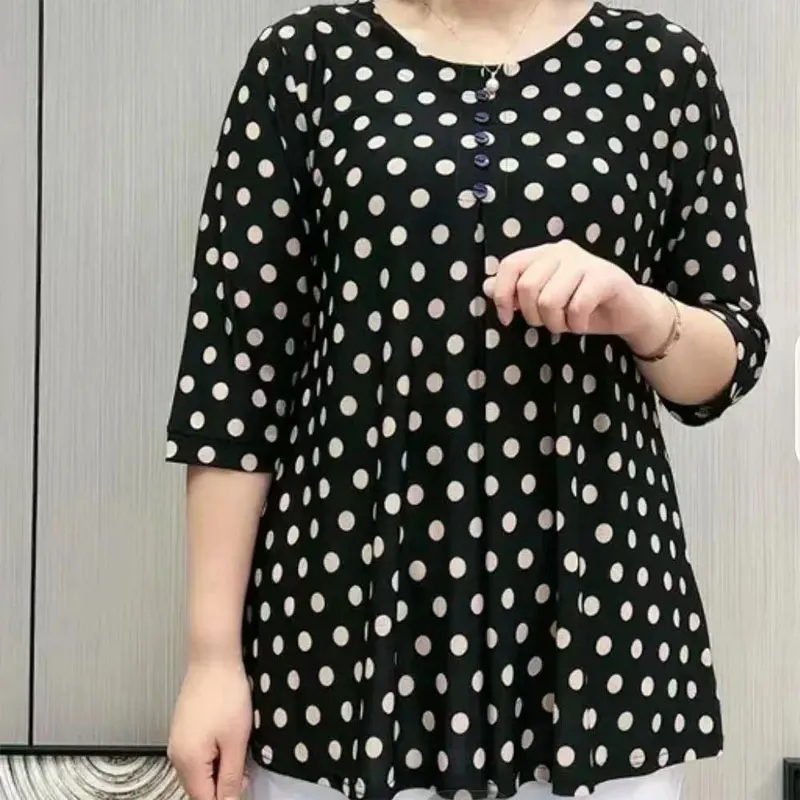 2023 Casual Vintage Polka Dot Half Sleeve T-shirt Fashion Round Neck Tops Button Summer Loose Female Clothing Commute Pullovers