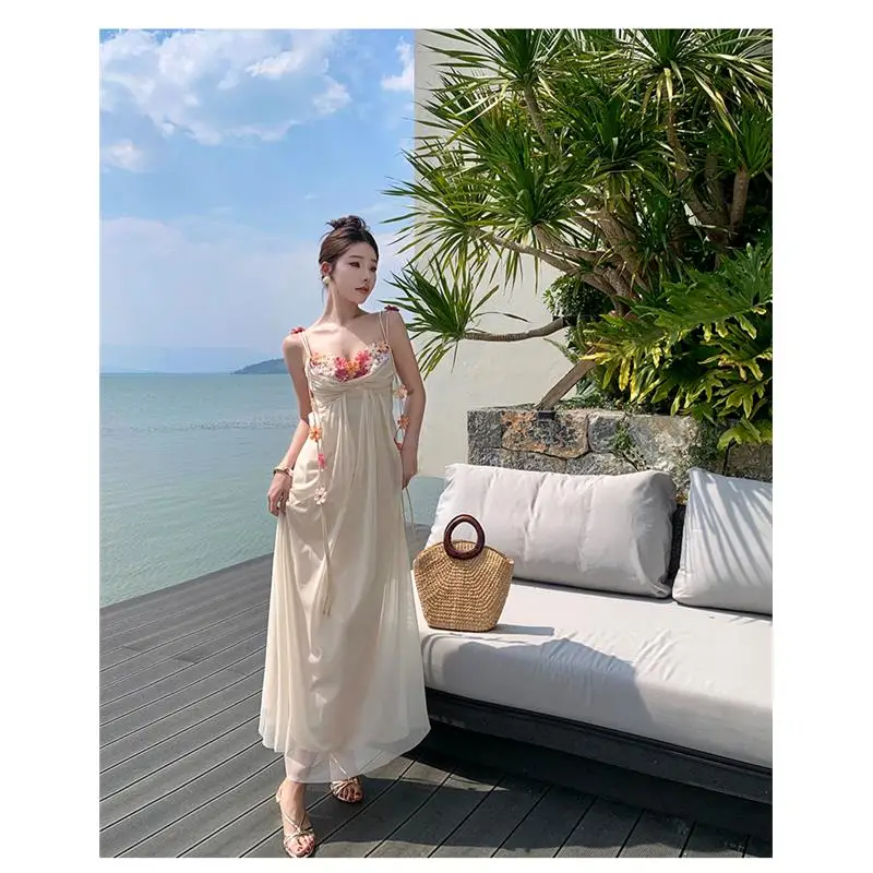 فستان طويل أنيق بدون أكمام مع تصميم مفرغ، تنورة ماكسي نسائية، فستان صيفي رقيق لإجازات الصيف، تصميم عصري بلون نقي وأسلوب أنثوي #4