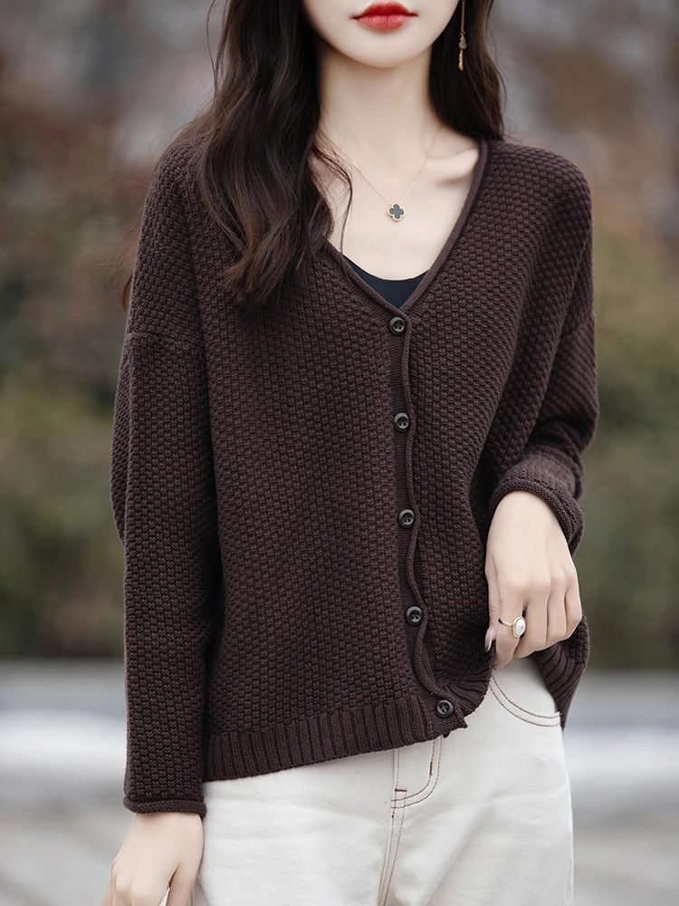 Cárdigan de algodón para mujer, suéter con cuello en V, borde rizado, Tops de manga larga, prendas de punto, moda coreana, exteriores nuevas prendas