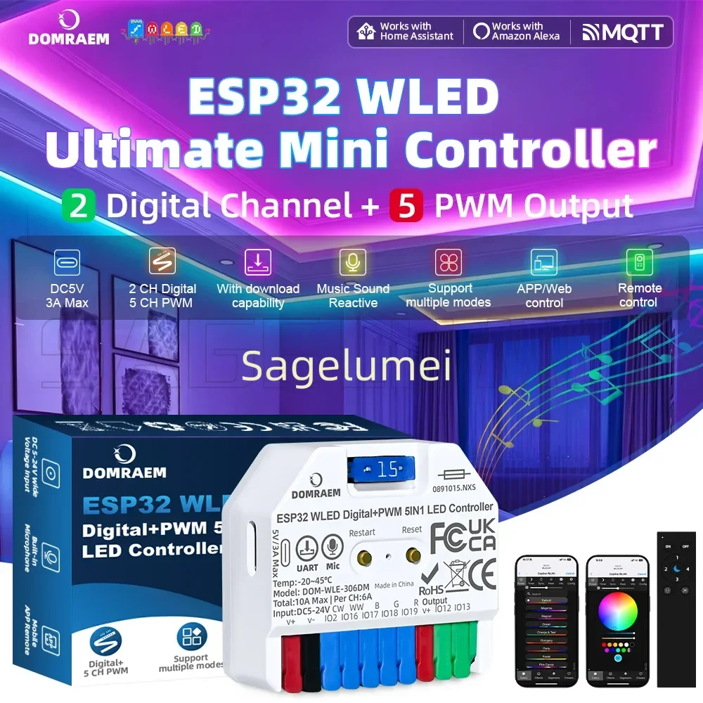 DOMRAEM ESP32 Super Mini All-in-One WLED Controller Digital+PWM 5in1 For WS281X SK6812 RGBIC and PWM Dimmable LED Strip HA Alexa