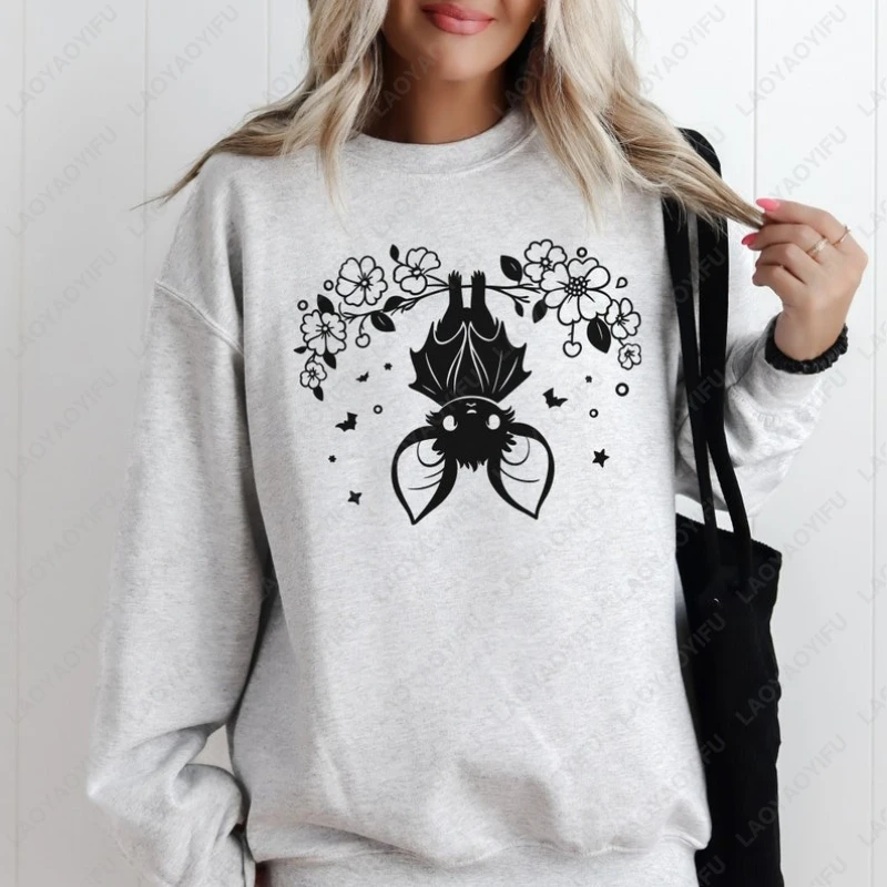 Down Hanging Bat Cute Upside Floral Sweatshirt Women Men Halloween Trendy Aesthetic Hoodie Cool Kawaii Novelty Commuter Pullover