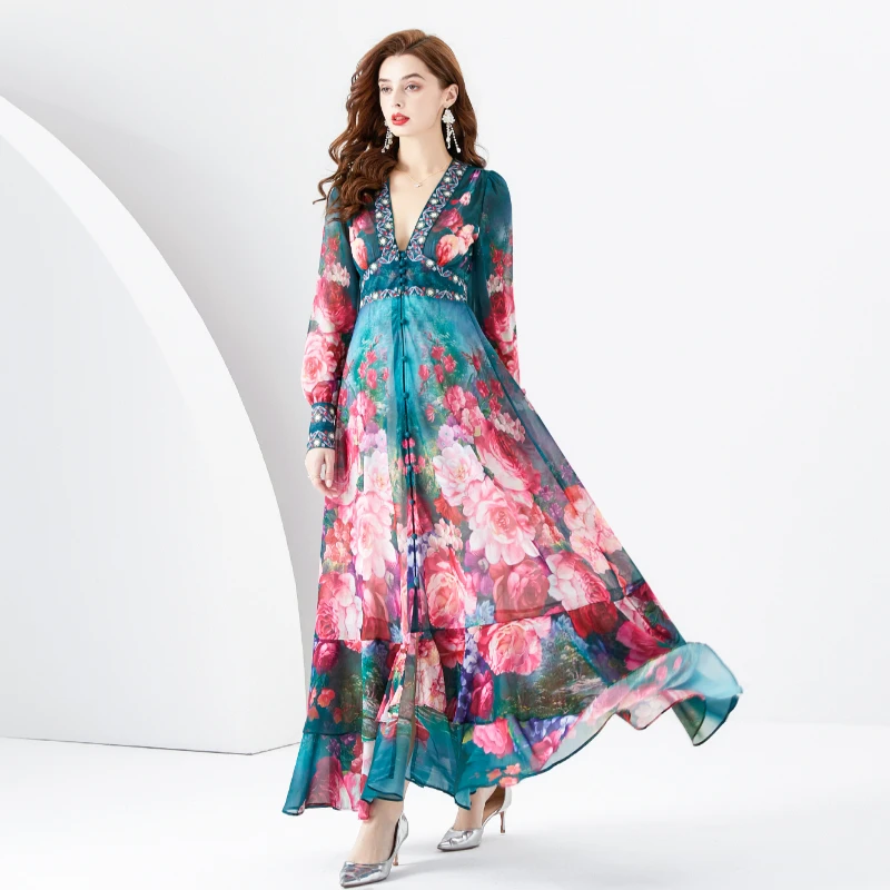 2024 letnia moda szyfonowa wakacyjna sukienka Maxi damska seksowna z gลฤbokim dekoltem w szpic dลugi rฤkaw z motywem kwiatowym sukienka w stylu Boho