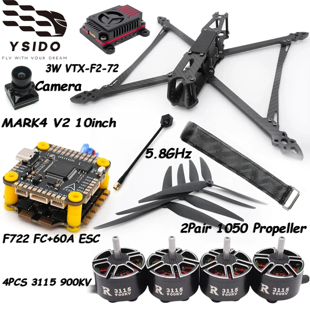 

Mark4 V2 10inch 427mm Frame F722 Flight Control 60A ESC 3115 900KV Motor 1050 Propeller Camera VTX Receiver Antenna for FPV Done