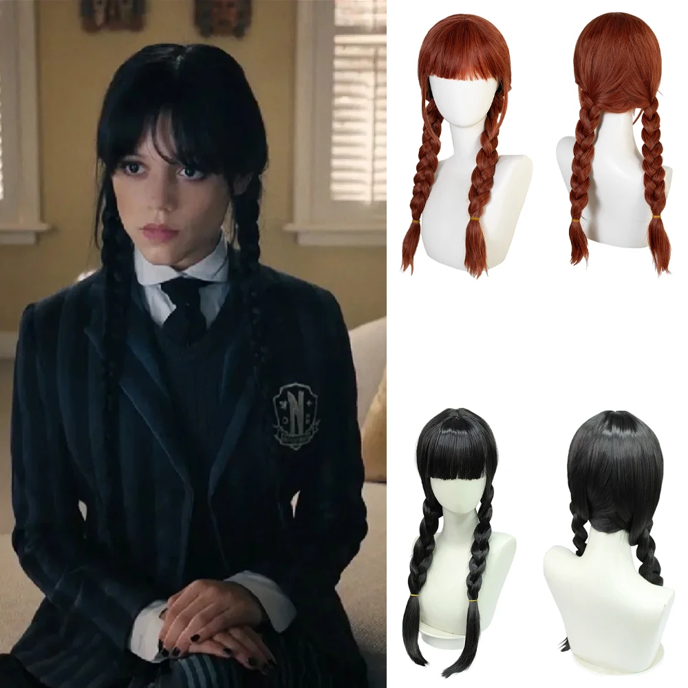 Addams Cosplay Synthetic Hair With Bangs, Black And Brown Braids Suitable Daily Party Role-Playing, Nature Heat-Resistant Wig