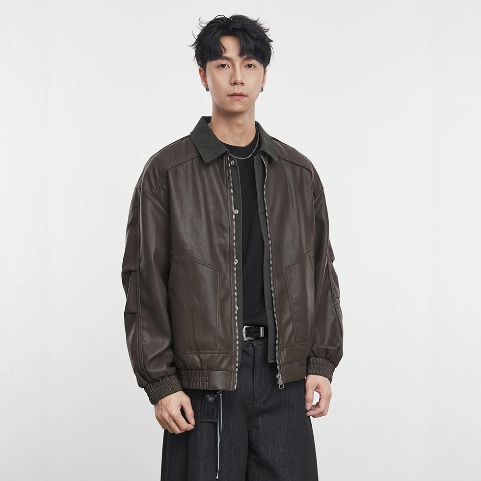 

American Retro PU Leather Jaet Men's Autumn Winter New Sle Flip Collar Motorcycle Leather Coat Faion Urban Bamboo Charc...