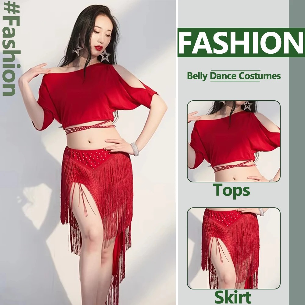 Women Belly Dancing Performance Costume 2PCS Oriental Belly Dance Suit Top and Sexy Tassels Skirt