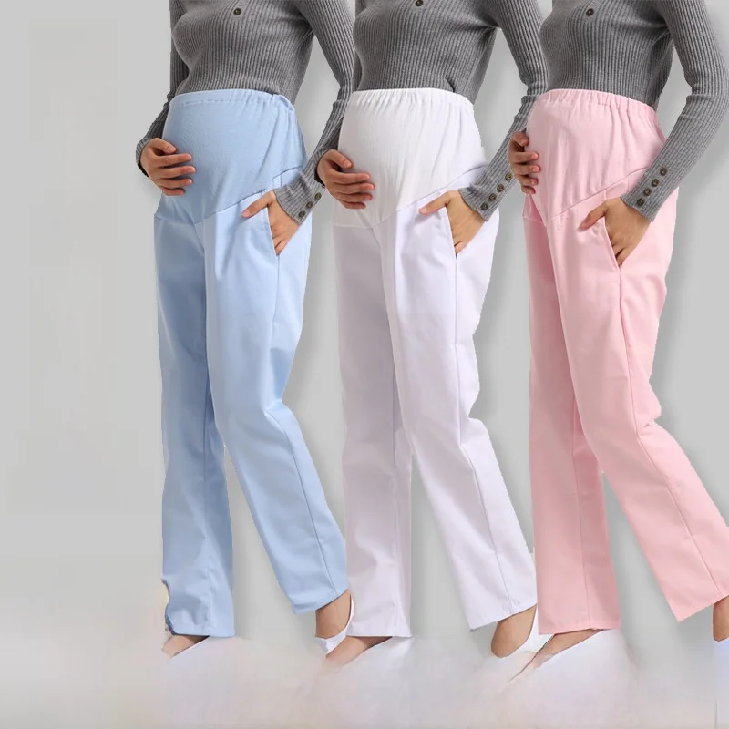 Adjustable Waist Maternity Pants Thick Work Trousers for Doctors And Nurses Large Size Nursing Uniforms White Blue Cotton