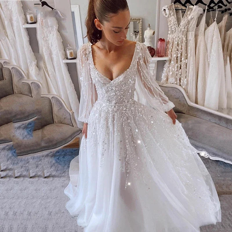 Vestido de novia de princesa de marfil con lentejuelas de cristales, manga abullonada, Sexy, cuello en V, tul, línea A, Vestidos de fiesta de boda