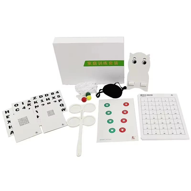 1 set de herramientas de entrenamiento de visión familiar: tarjetas de letras Flipper, tabla de letras Rock Chart, parche ocular, tabla de letras Rock Chart, bola Brock, cuerda