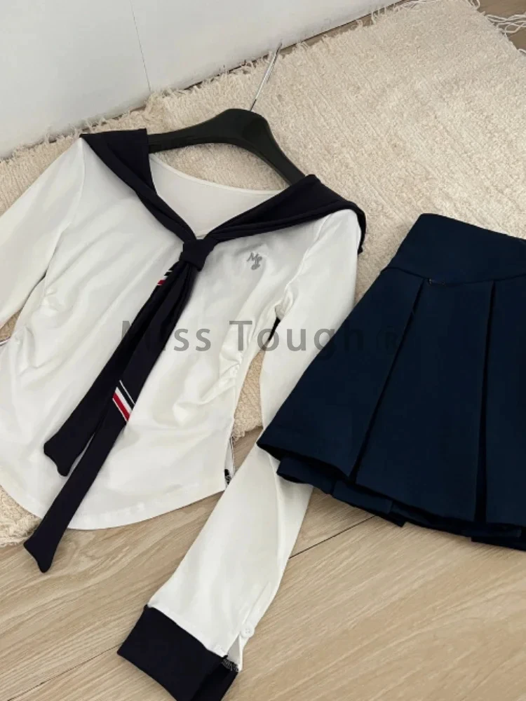 Autumn Preppy Style Slim 3 Piece Set Women Fashion Sweet Solid Long Sleeve V Neck Tops Female + Chic High Waist Short Skirt New