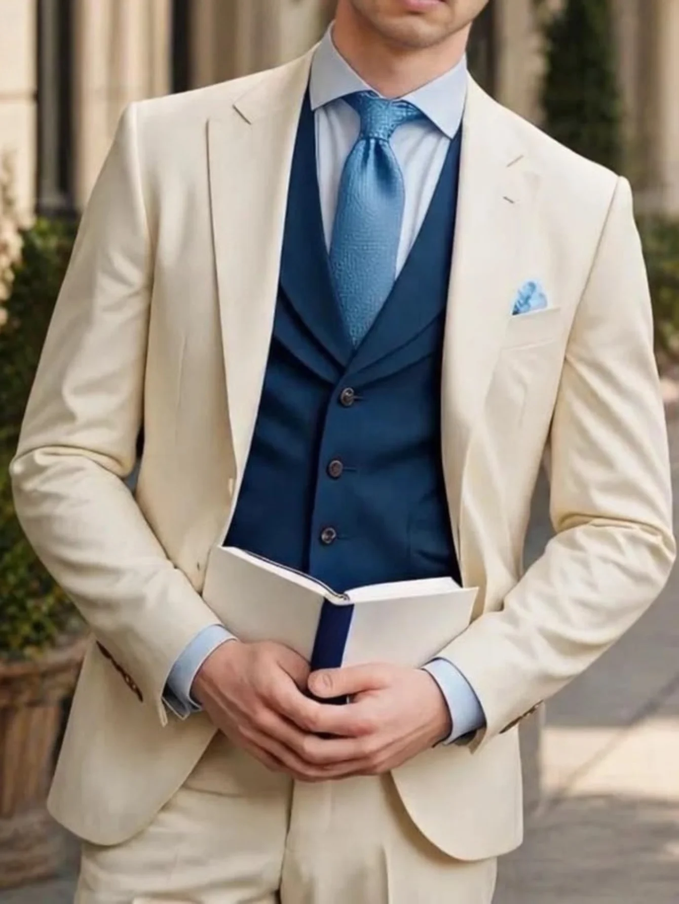 Men Beige 3 Piece Suit TR Fabric Slim Fit Notched Lapel Blazer Dark Blue Vest Pants Custom Formal Wedding Groom Business Party T