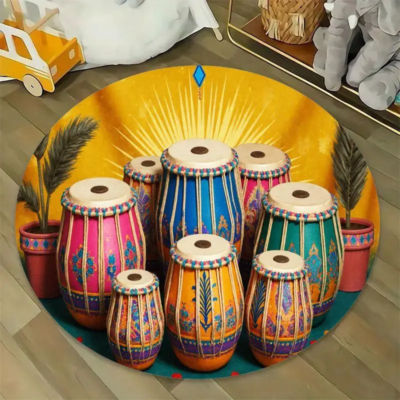 Colorful Drum Instruments Round Rug Flannel Music Themed Decor Vibrant Patterns Non Slip Floor Mat Cultural Artistic Home Carpet