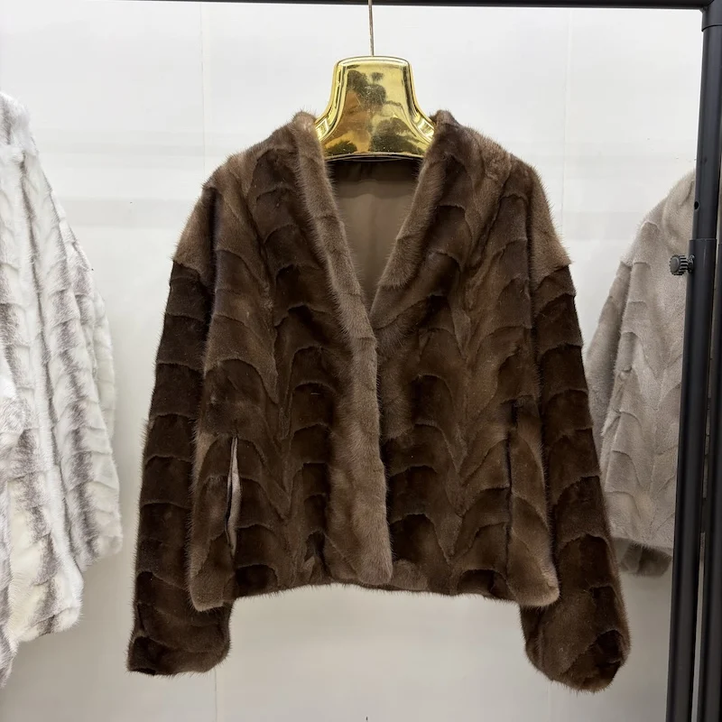 2026 New Woman 100% Real Mink Fur Coat Genuine Leather V-neck Coat Winter Thick Warm Natural Fur Jacket Luxury Female Overcoat