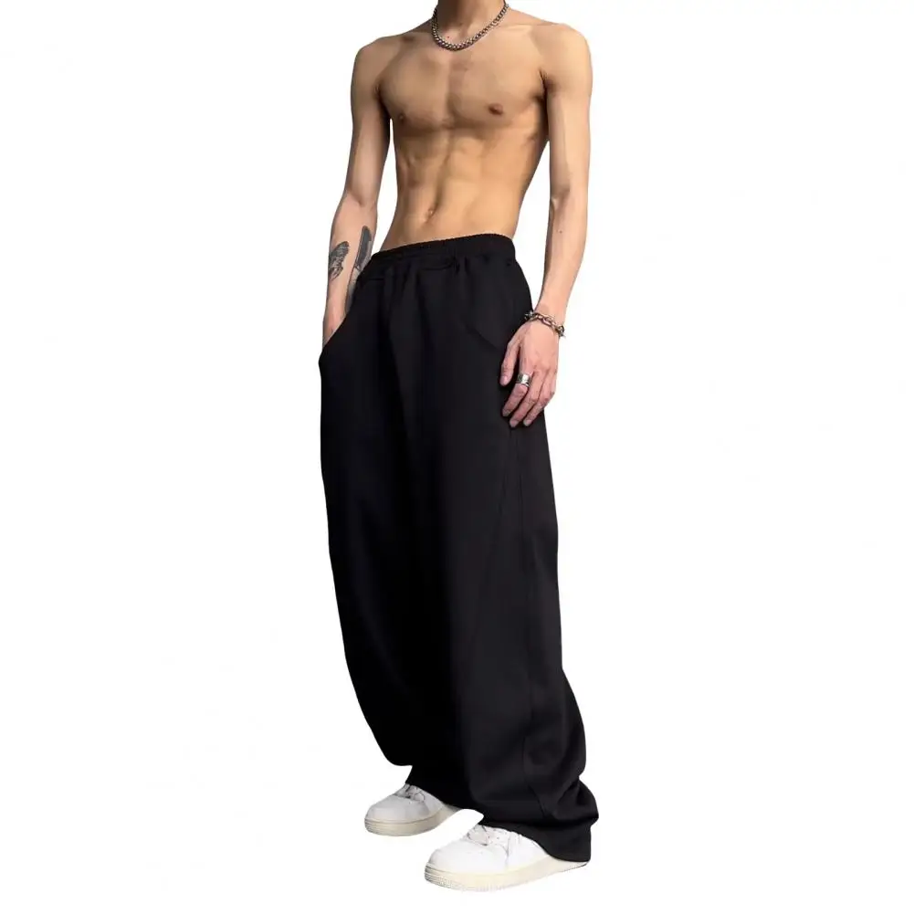 

Casual Wide-leg Trousers for Men Men Sports Pants Vintage American Style Men's Elastic Waist Pants with Pockets Loose for Daily