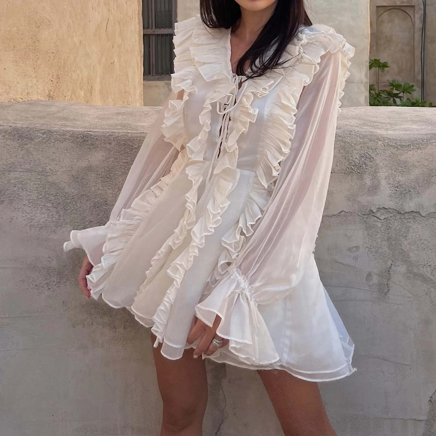 Vestido de Tule em Camadas com Estilo Doce e Barra com Babados, Manga Longa, Decote em V, Ajuste Solto, Moda Fena para o ...