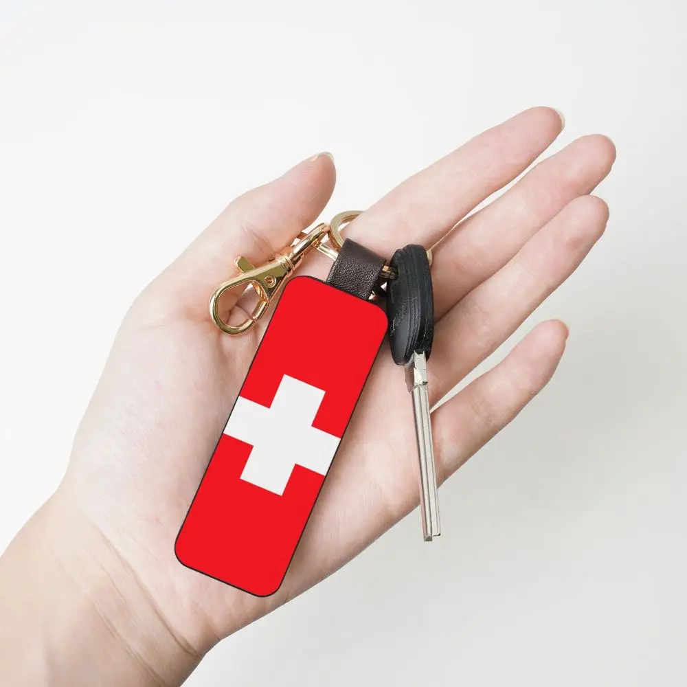 Switzerland Flag Genuine Leather Car Keychain Universal Key Fob Keychain  Leather Key Chain Holder for Men and Women