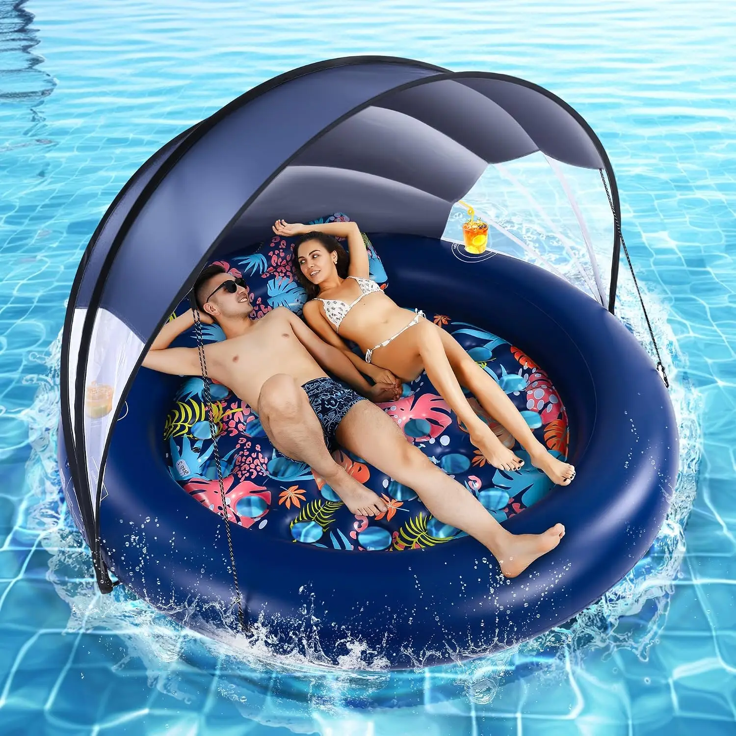 

75" Giant Inflatable Pool Float for 2, Heavy Duty with Cup Holders & Detachable Headrest, Sunshade Canopy, 500lbs Capacity, Outdoor Water Lounger