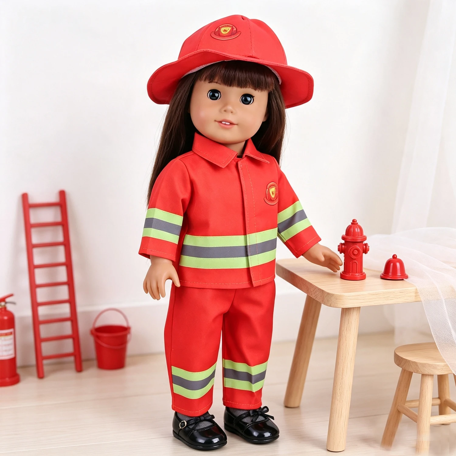 Red Firefighter Doll Uniform Set Top Pants Hat + Shoes Doll  Clothes Outfit Accessories For 18-Inch American & OG Girl Dolls Toy - view 5