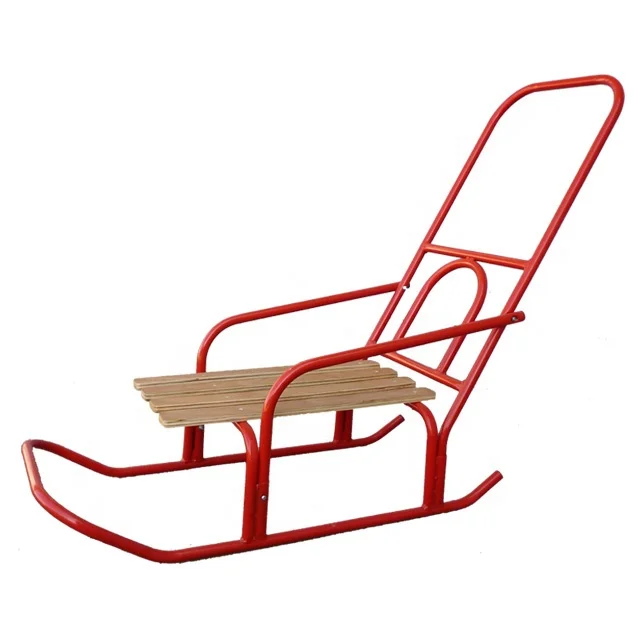 Red Push Snow Sled with Backrest Metal Wooden Folding Kick Sledge Winter Outdoor Toboggan Push Chair Board for Kids Adults