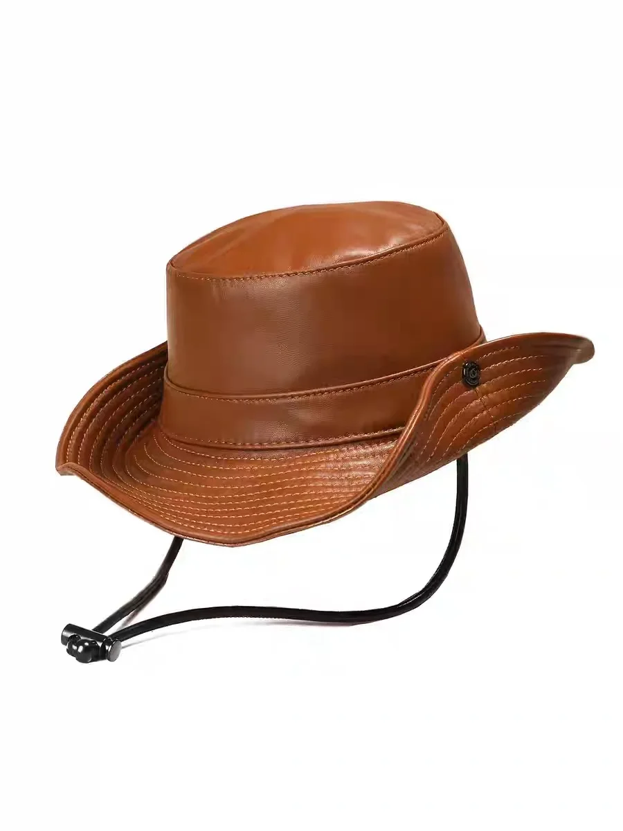 Outdoor hiking hat Windproof Rope WarmUnisex Genuine Leather Bucket Hats Fisherman Caps Easy Carry Street Bonnet Youth