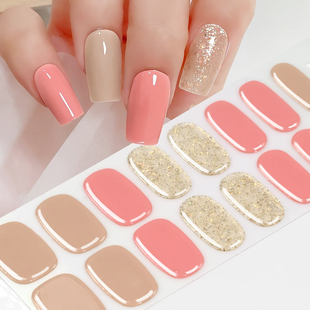 16Tips Solid Color & Glitter Semi Cured Gel Nail Strips Self-Adhesive Baking Free Elegant Gel Nail Sticker Full Coverage Decals