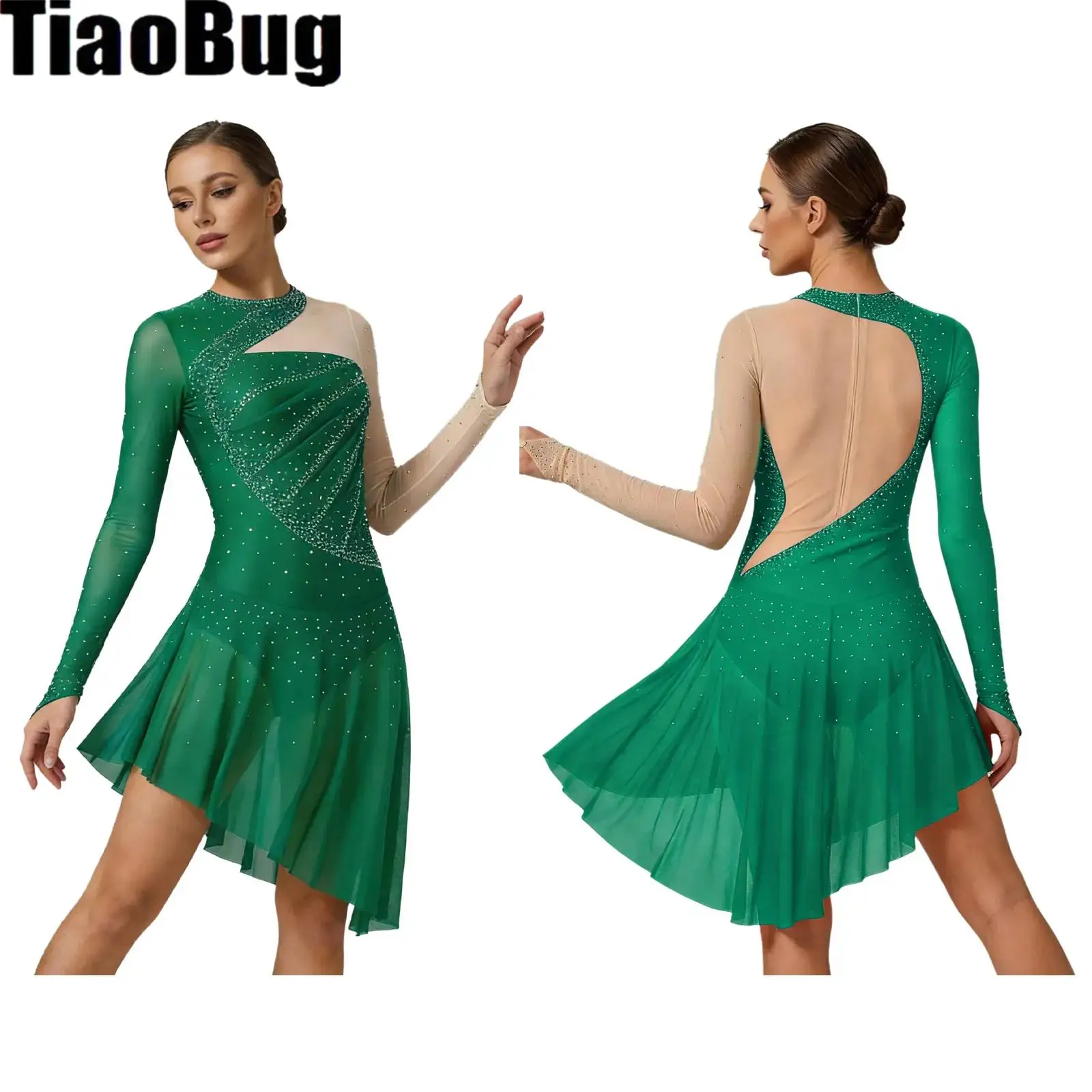 

Womens Irregular Hem Ballet Bodysuit Rhinestone Color Blocking Mesh Chest Pleats Jumpsuit for Gymnastics Figure Skating Latin