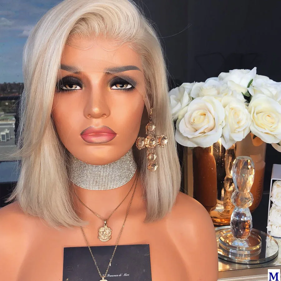 

#60R Platinum Blonde Short Bob Glueless Synthetic Transparent Lace Front Wigs with Baby Hair Lolita Daily Wear Wigs Real Soft