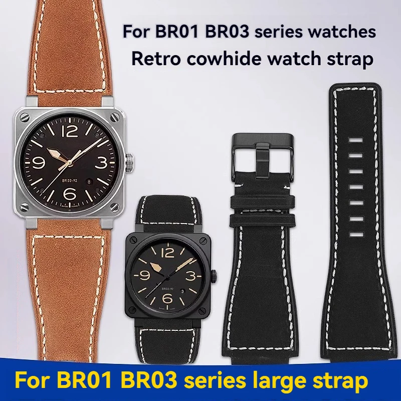 

For Bell & Ross Genuine Leather Watch Strap B&R Men BR01 BR03 BR-01 BR-03 Cowhide Watchband Bracelet Convex 24mm Wristband Brown