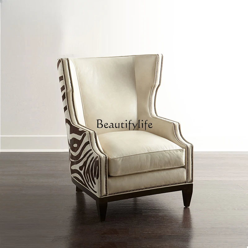 American Light Luxury Modern Zebra Cowhide Single-Seat Sofa Chair Mortise and Tenon Fabric Wingback Chair